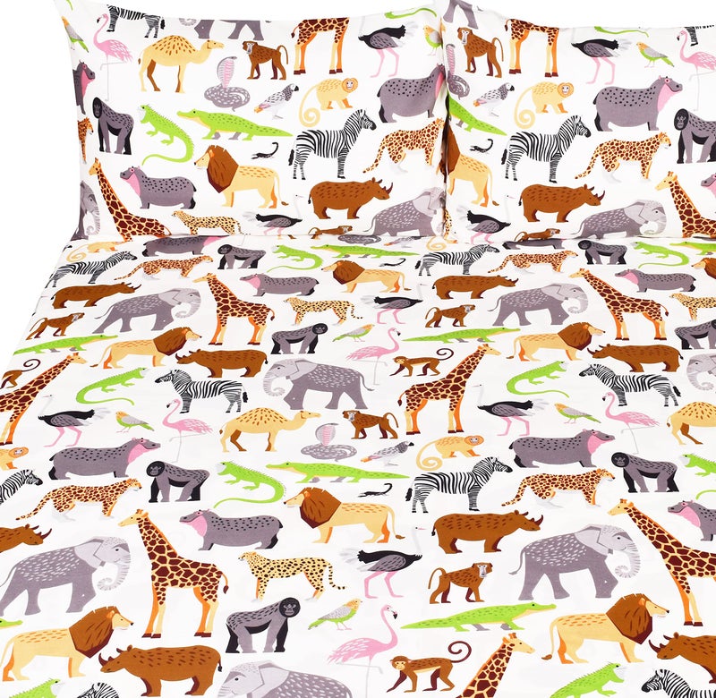J-pinno Jungle Animals Leopard Zebra Elephant Snake Full Sheet Set Kids Boys Bedroom Decoration Gift, 100% Cotton, Flat Sheet + Fitted Sheet + Pillowcillowcase Bedding Set (15, Full) - Image 3
